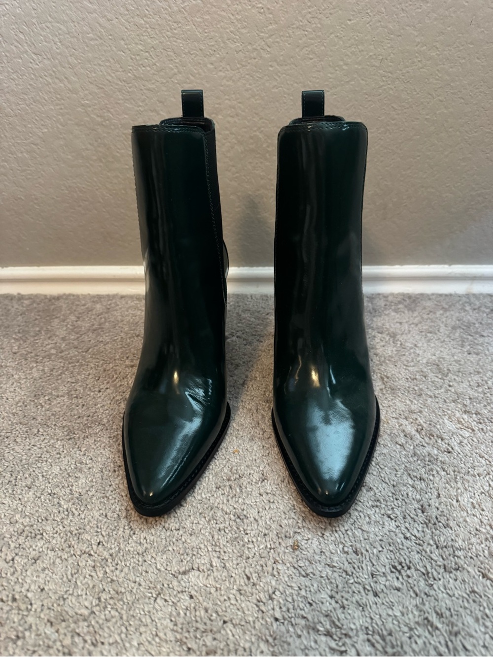 Vince Camuto Dylan Dark Green Patent Leather Pointed Toe Chelsea Booties